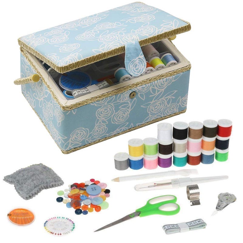 D&D Large Sewing Box with Kit Accessories Sewing Basket Organizer with Supplies DIY Sewing Kits for Adults, Blue - Image 1